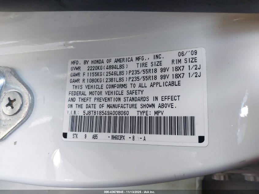 2009 Acura Rdx VIN: 5J8TB18549A008060 Lot: 43676945