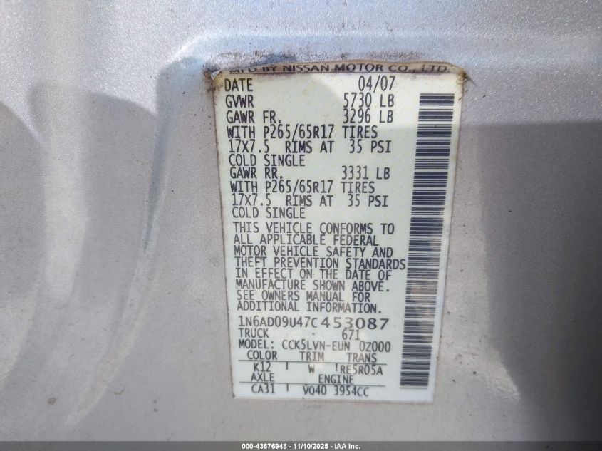 2007 Nissan Frontier Le VIN: 1N6AD09U47C453087 Lot: 43676948