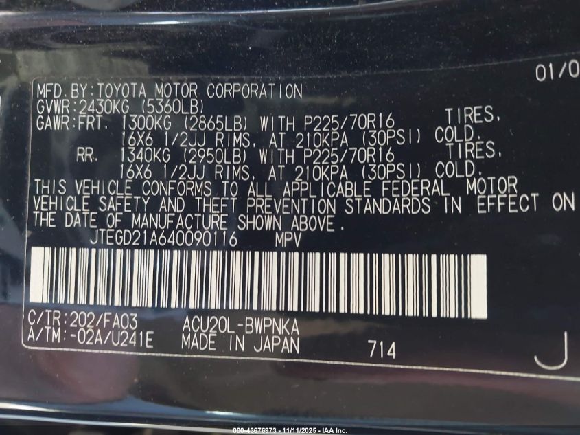 2004 Toyota Highlander VIN: JTEGD21A640090116 Lot: 43676973