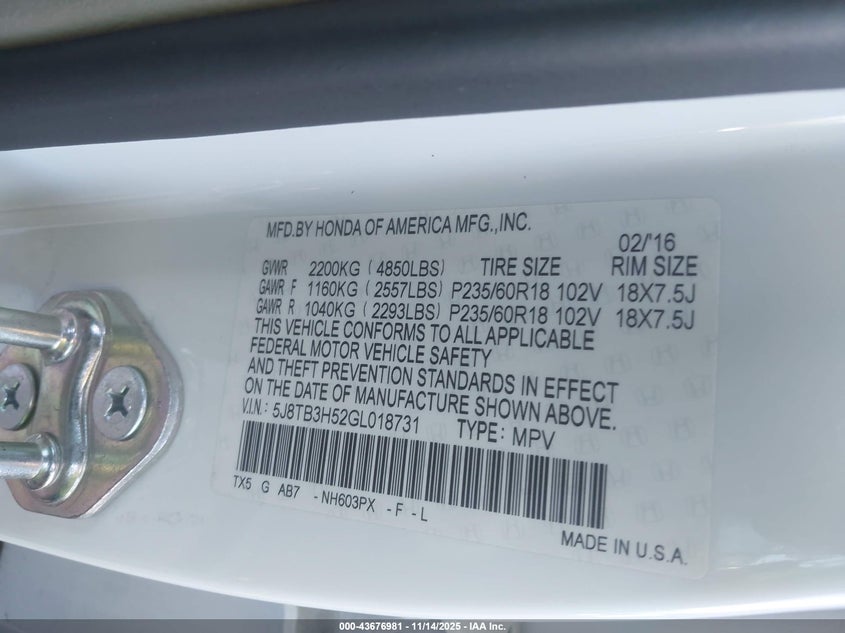 2016 Acura Rdx Technology Acurawatch Plus Packages/Technology Package VIN: 5J8TB3H52GL018731 Lot: 43676981