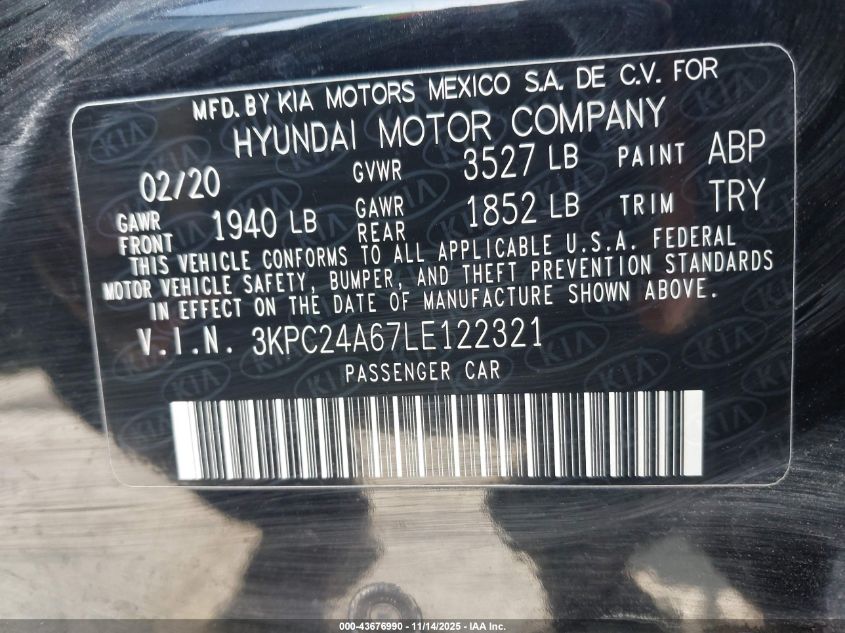 2020 Hyundai Accent Se VIN: 3KPC24A67LE122321 Lot: 43676990