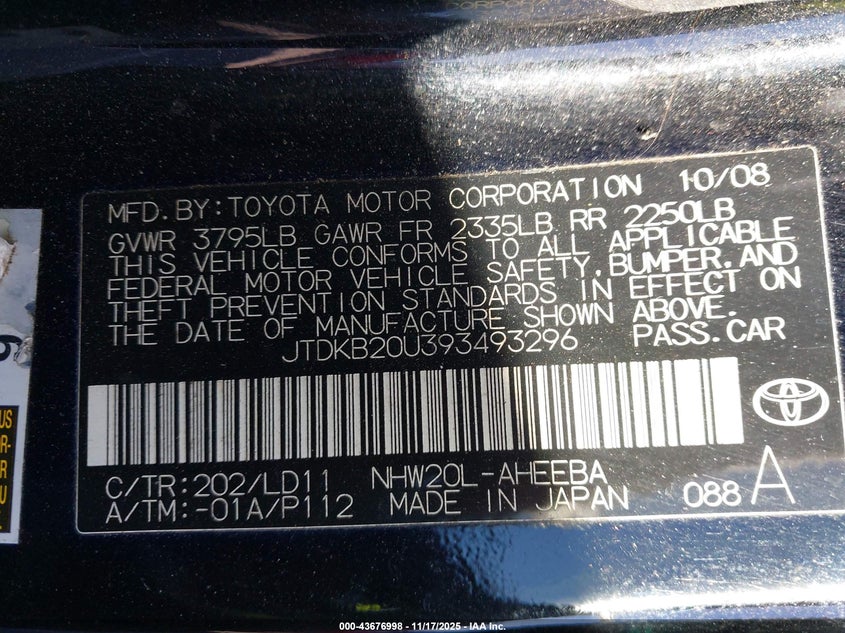 JTDKB20U393493296 2009 TOYOTA PRIUS photo no. 9