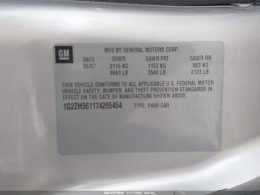 2007 Pontiac G6 Gt VIN: 1G2ZH361174265454 Lot: 43676999