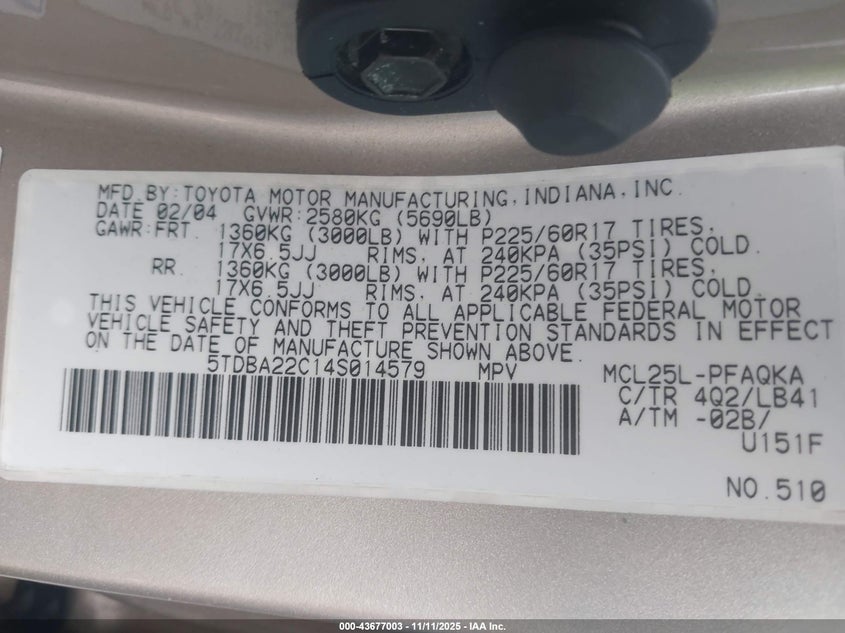 5TDBA22C14S014579 2004 TOYOTA SIENNA photo no. 9