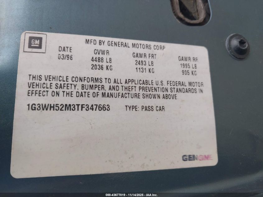 1996 Oldsmobile Cutlass Supreme Sl VIN: 1G3WH52M3TF347663 Lot: 43677019