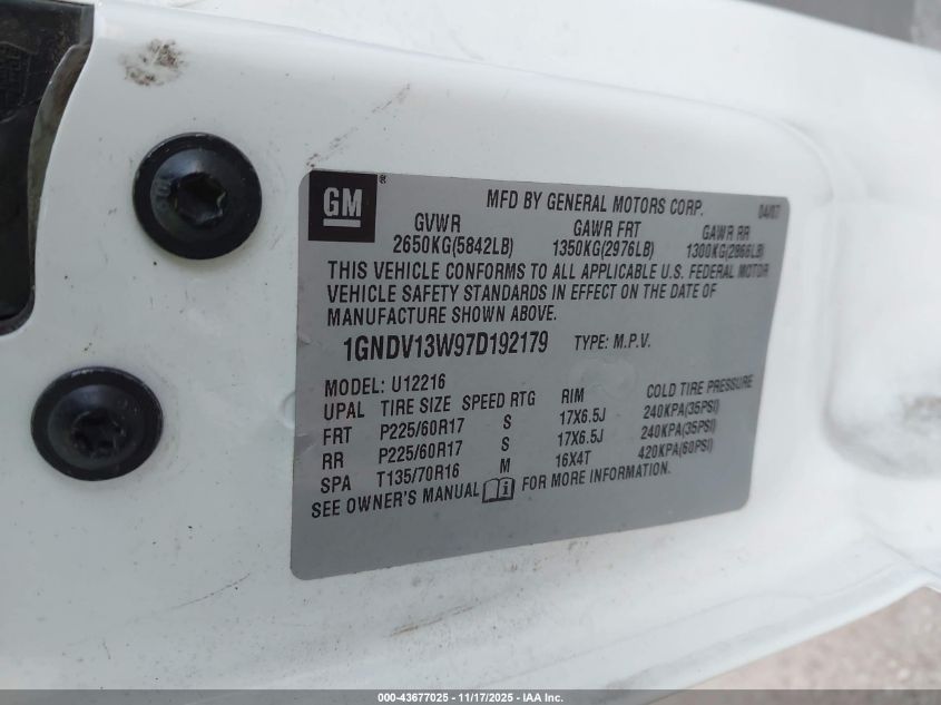 2007 Chevrolet Uplander Cargo VIN: 1GNDV13W97D192179 Lot: 43677025