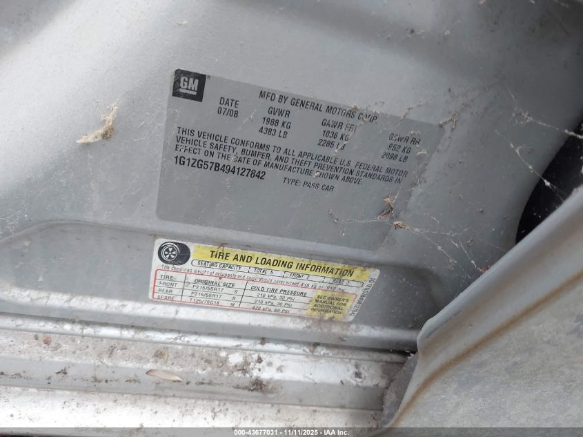 2009 Chevrolet Malibu Ls VIN: 1G1ZG57B494127842 Lot: 43677031