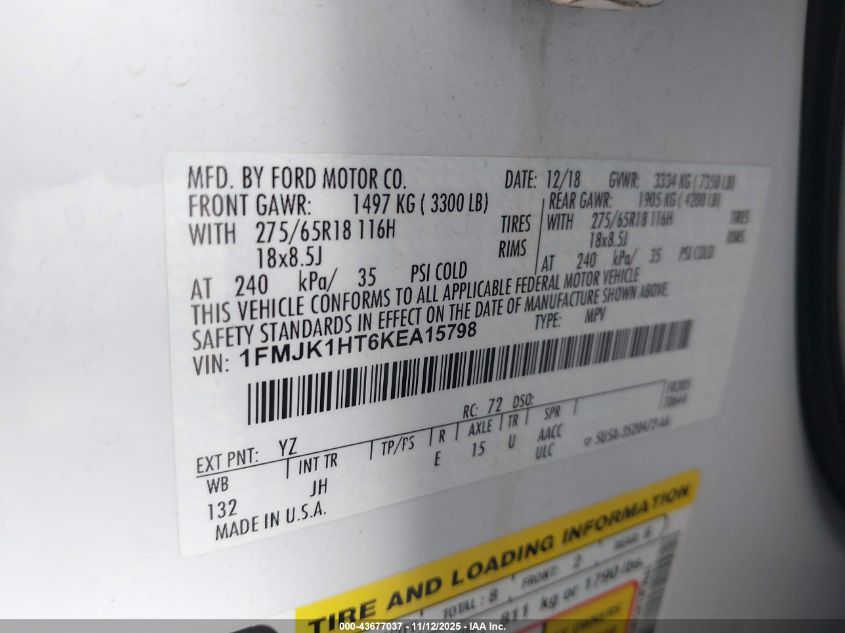 2019 Ford Expedition Max Xlt VIN: 1FMJK1HT6KEA15798 Lot: 43677037