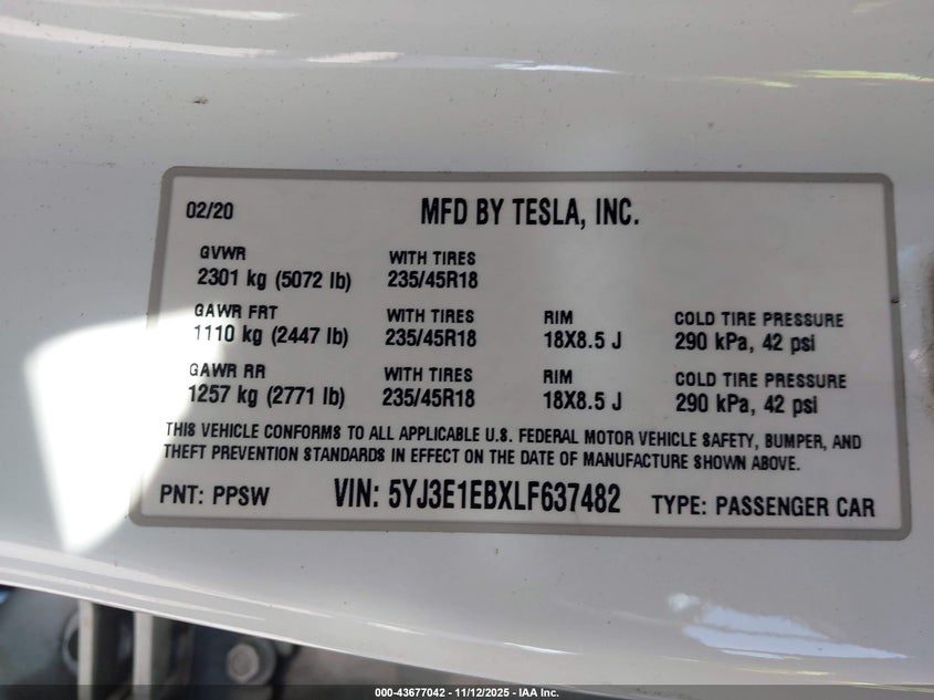 2020 Tesla Model 3 Long Range Dual Motor All-Wheel Drive VIN: 5YJ3E1EBXLF637482 Lot: 43677042