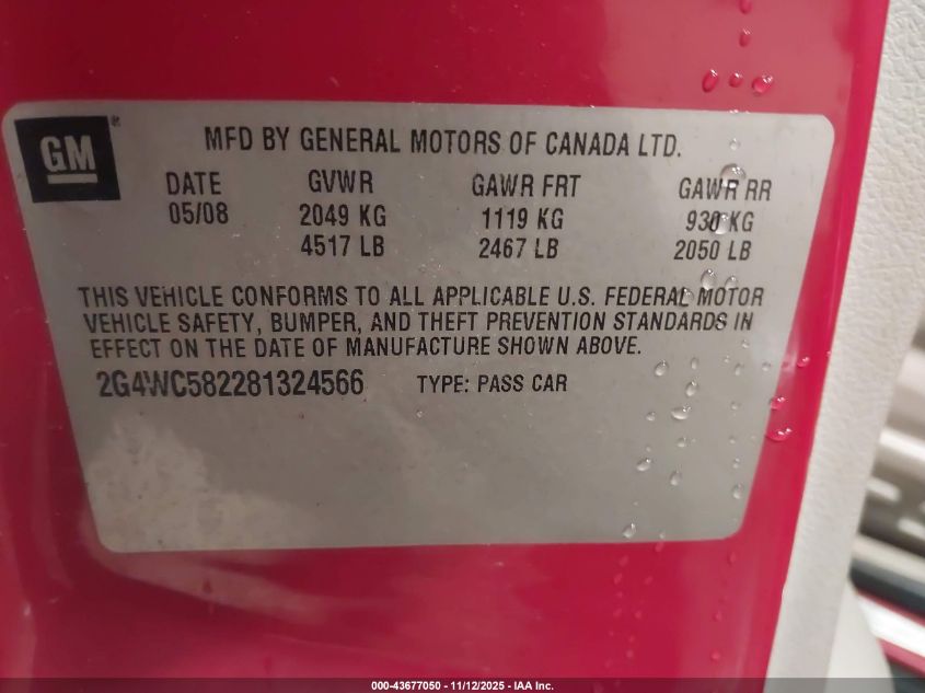 2008 Buick Lacrosse Cx VIN: 2G4WC582281324566 Lot: 43677050