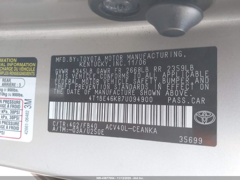 2007 Toyota Camry Le VIN: 4T1BE46K87U094900 Lot: 43677054