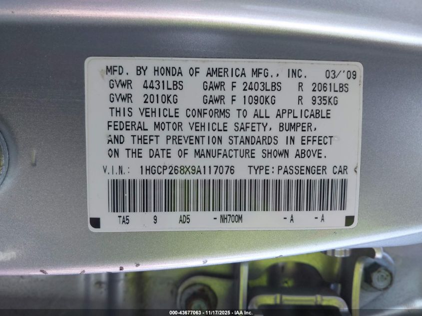 2009 Honda Accord 2.4 Ex-L VIN: 1HGCP268X9A117076 Lot: 43677063