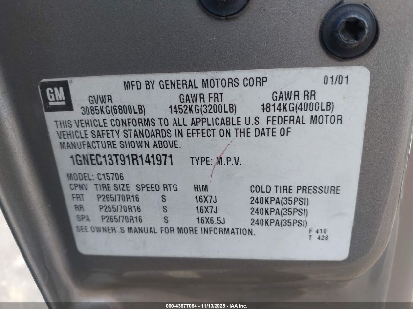 2001 Chevrolet Tahoe Lt VIN: 1GNEC13T91R141971 Lot: 43677064