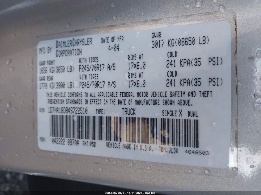 2004 Dodge Ram 1500 Slt/Laramie VIN: 1D7HA18D84S722510 Lot: 43677076