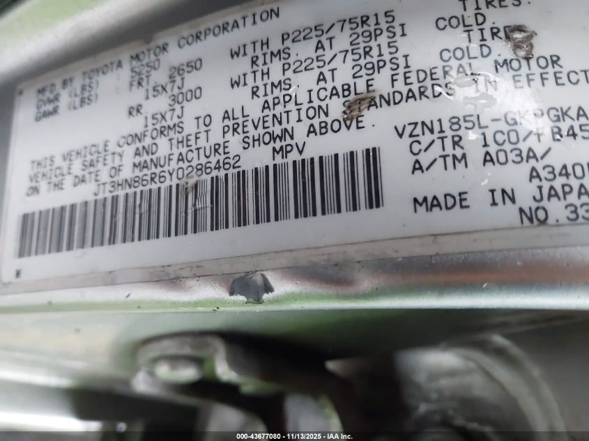 2000 Toyota 4Runner Sr5 V6 VIN: JT3HN86R6Y0286462 Lot: 43677080