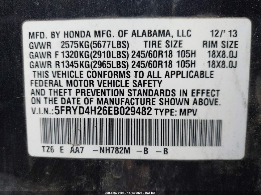 2014 Acura Mdx VIN: 5FRYD4H26EB029482 Lot: 43677108