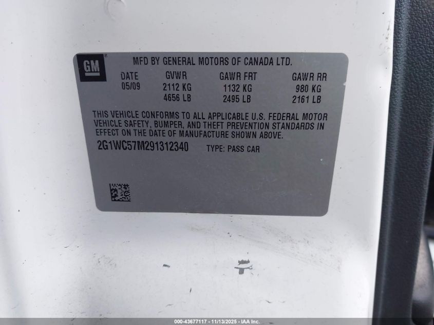 2009 Chevrolet Impala Lt VIN: 2G1WC57M291312340 Lot: 43677117