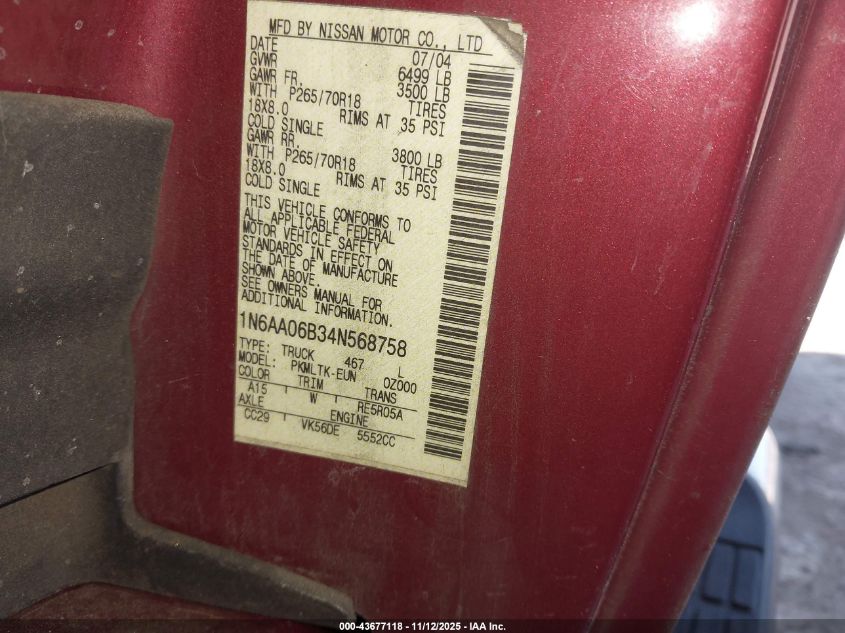 2004 Nissan Titan Se VIN: 1N6AA06B34N568758 Lot: 43677118
