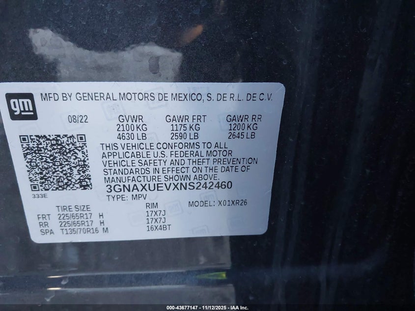 3GNAXUEVXNS242460 2022 CHEVROLET EQUINOX photo no. 9