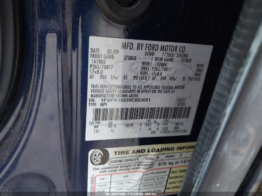 2009 Ford Expedition El Xlt VIN: 1FMFK16539EB03051 Lot: 43677160