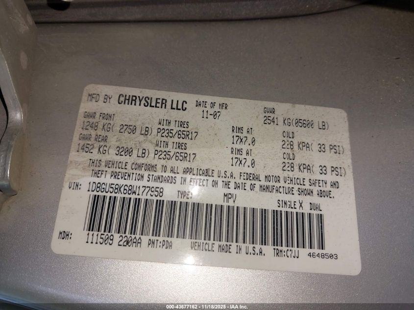 2008 Dodge Nitro Slt/Rt VIN: 1D8GU58K68W177958 Lot: 43677162