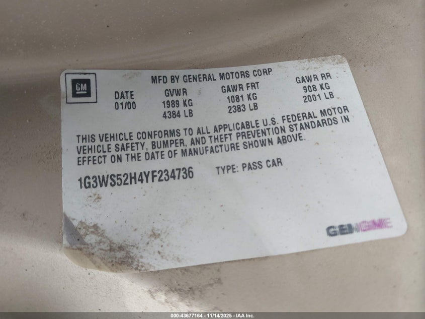 1G3WS52H4YF234736 2000 OLDSMOBILE INTRIGUE photo no. 9