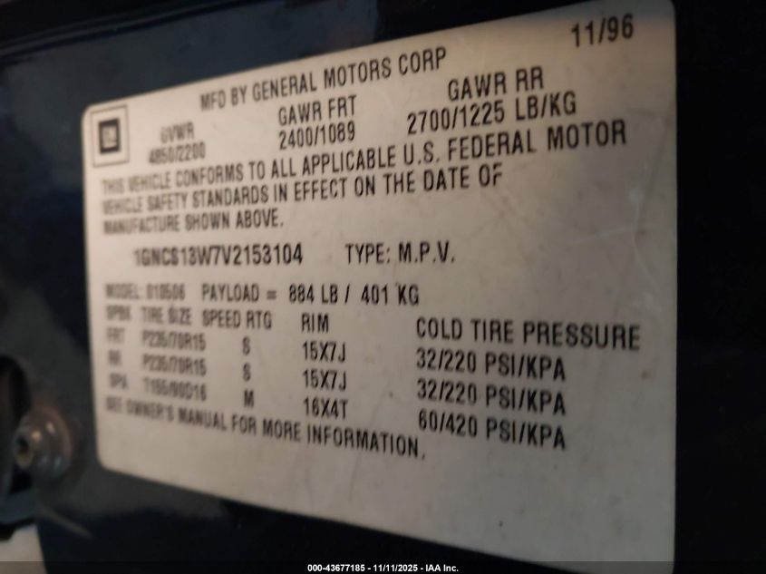 1997 Chevrolet Blazer Ls VIN: 1GNCS13W7V2153104 Lot: 43677185