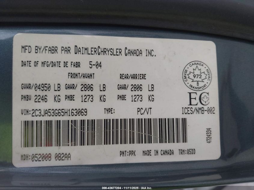 2005 Chrysler 300 VIN: 2C3JA53G65H163069 Lot: 43677204