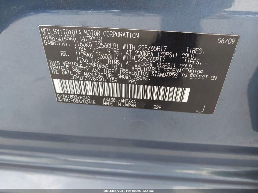 2009 Toyota Rav4 VIN: JTMZF35V895011159 Lot: 43677223