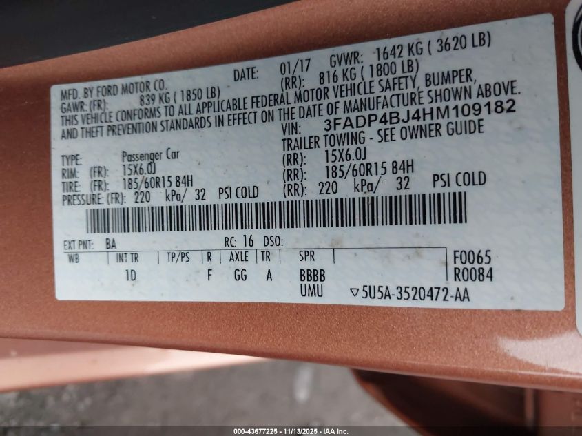 2017 Ford Fiesta Se VIN: 3FADP4BJ4HM109182 Lot: 43677225