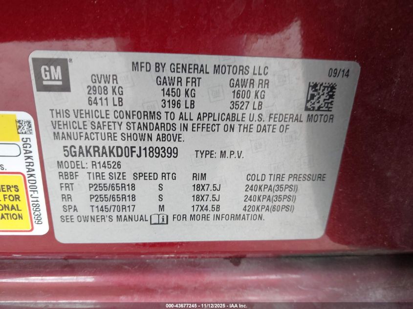 2015 Buick Enclave Convenience VIN: 5GAKRAKD0FJ189399 Lot: 43677245