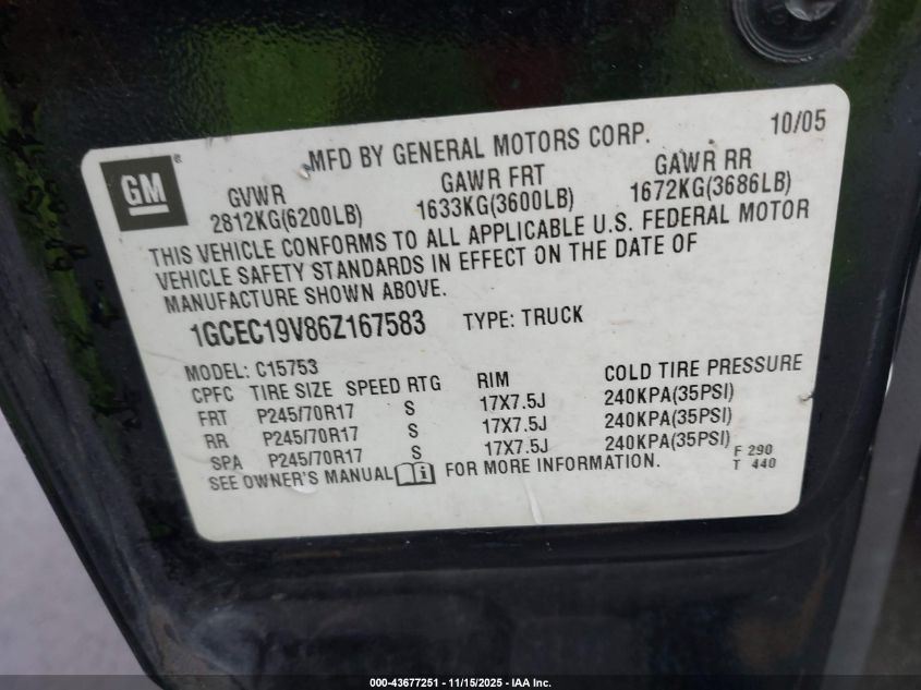 2006 Chevrolet Silverado 1500 Lt1 VIN: 1GCEC19V86Z167583 Lot: 43677251