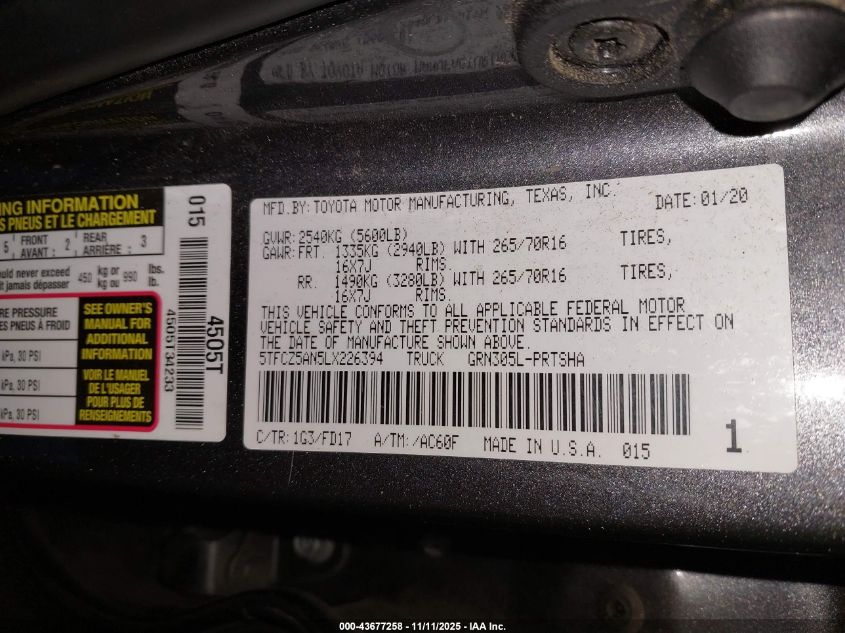 2020 Toyota Tacoma Double Cab/Sr/Sr5/Trd Sport/Trd Off Road/Trd Pro VIN: 5TFCZ5AN5LX226394 Lot: 43677258