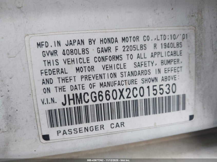 JHMCG660X2C015530 2002 HONDA ACCORD photo no. 9
