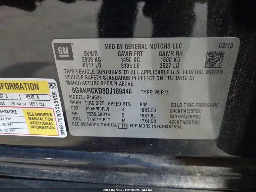 2013 Buick Enclave Leather VIN: 5GAKRCKD8DJ189448 Lot: 43677265