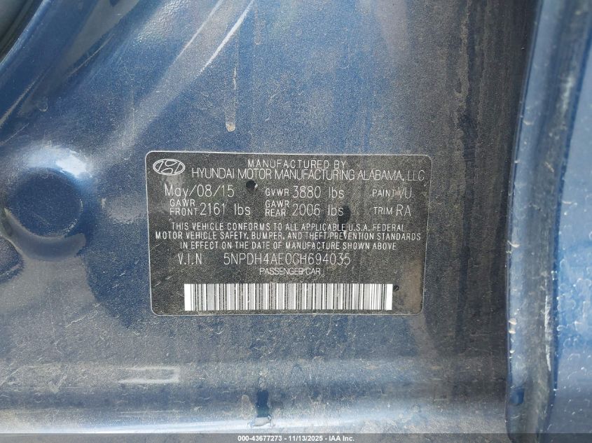 2016 Hyundai Elantra Se VIN: 5NPDH4AE0GH694035 Lot: 43677273