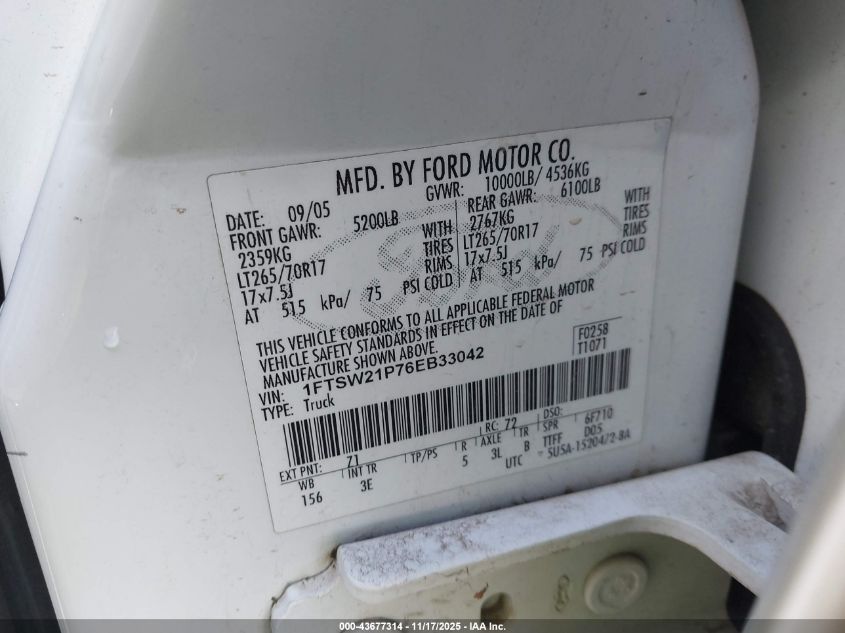 2006 Ford F-250 Lariat/Xl/Xlt VIN: 1FTSW21P76EB33042 Lot: 43677314