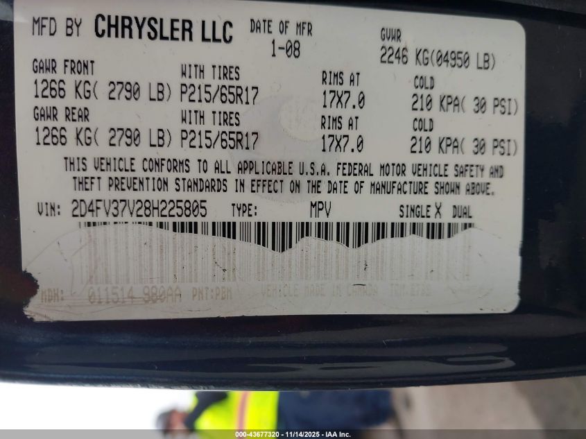 2008 Dodge Magnum Sxt VIN: 2D4FV37V28H225805 Lot: 43677320