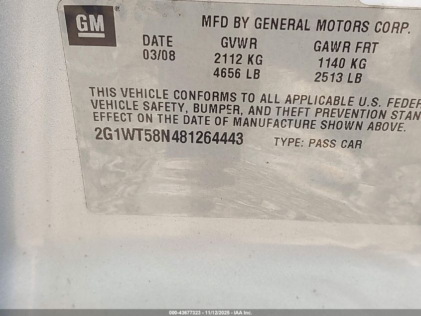 2008 Chevrolet Impala Lt VIN: 2G1WT58N481264443 Lot: 43677323