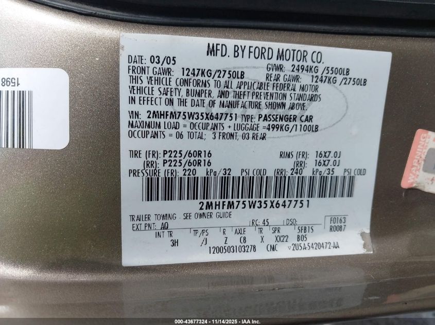 2005 Mercury Grand Marquis VIN: 2MHFM75W35X647751 Lot: 43677324