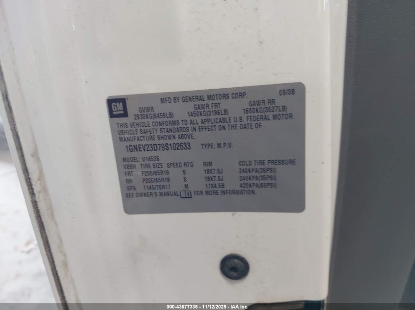 2009 Chevrolet Traverse Lt VIN: 1GNEV23D79S102633 Lot: 43677336