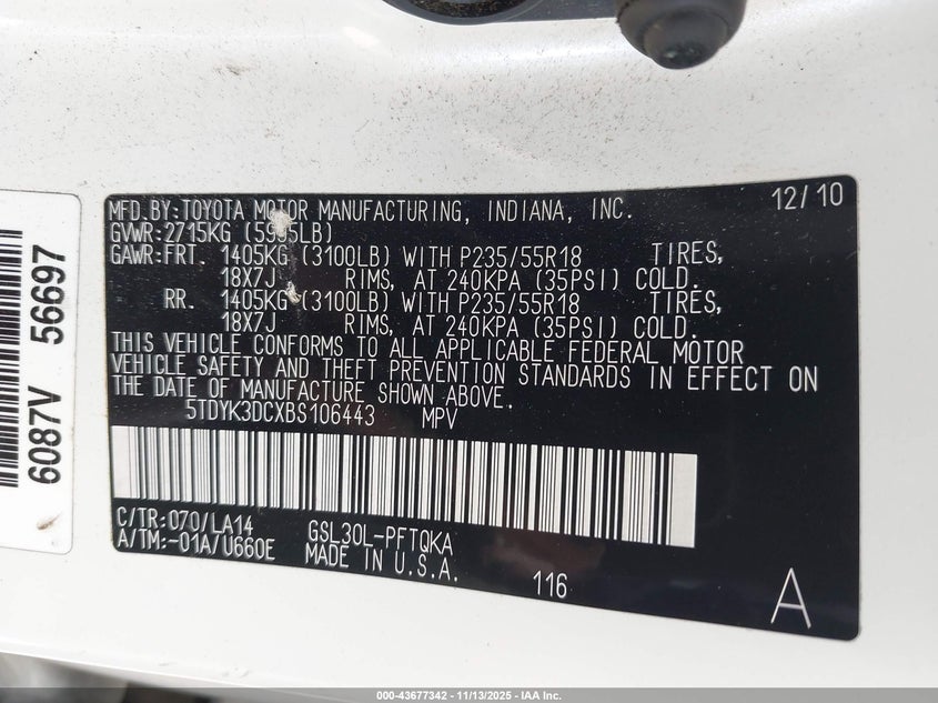 5TDYK3DCXBS106443 2011 TOYOTA SIENNA photo no. 9