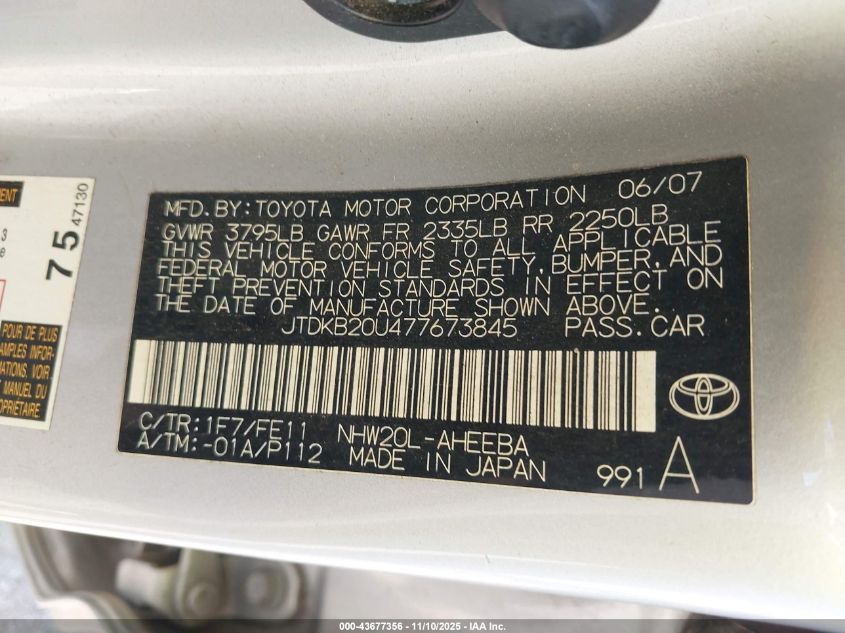 2007 Toyota Prius VIN: JTDKB20U477673845 Lot: 43677356