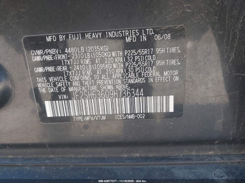2009 Subaru Forester 2.5X VIN: JF2SH63609H736344 Lot: 43677377