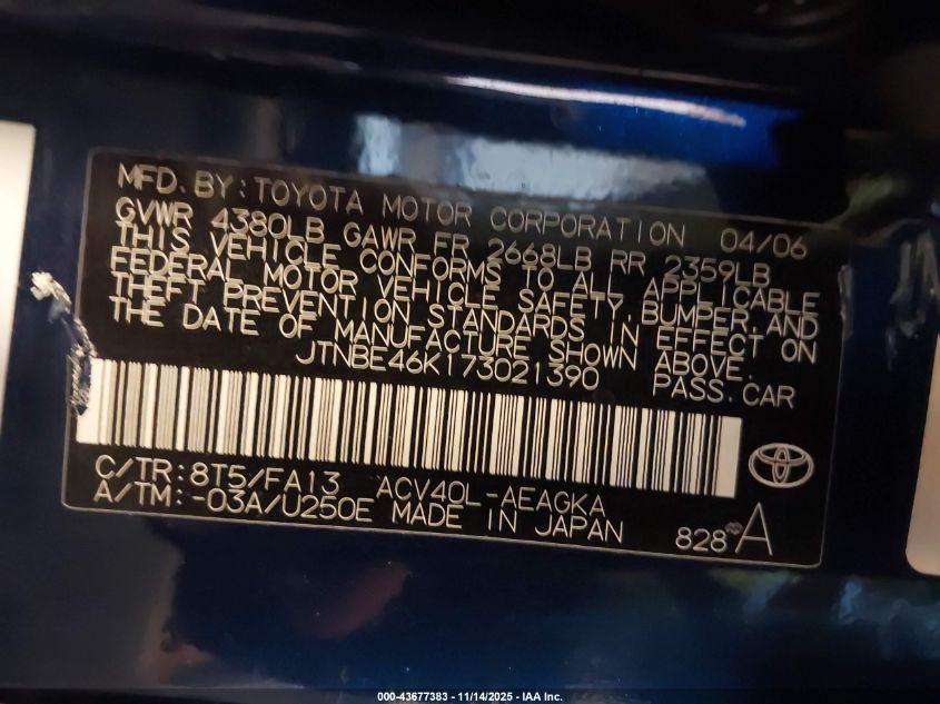 2007 Toyota Camry Xle VIN: JTNBE46K173021390 Lot: 43677383