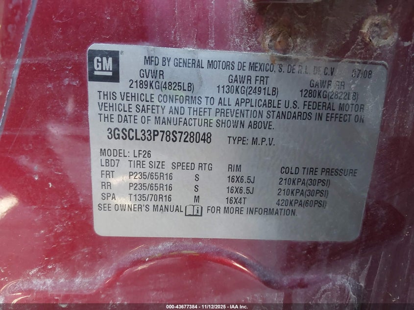 3GSCL33P78S728048 2008 SATURN VUE photo no. 9