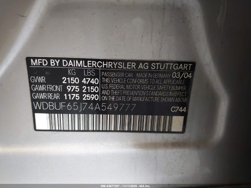 2004 Mercedes-Benz E 320 VIN: WDBUF65J74A549777 Lot: 43677387