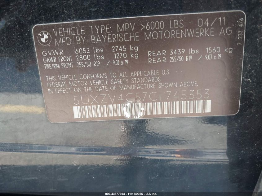 2012 BMW X5 xDrive35I/xDrive35I Premium/xDrive35I Sport Activity VIN: 5UXZV4C57CL745353 Lot: 43677393