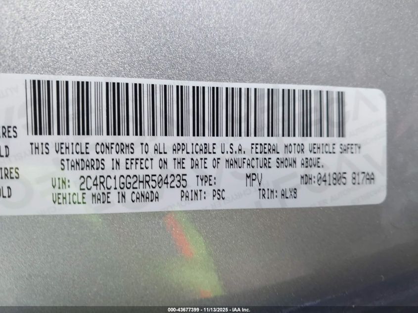 2017 Chrysler Pacifica Limited VIN: 2C4RC1GG2HR504235 Lot: 43677399
