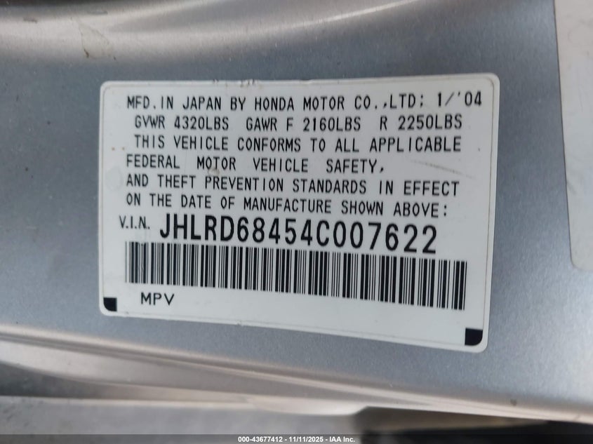 2004 Honda Cr-V Lx VIN: JHLRD68454C007622 Lot: 43677412